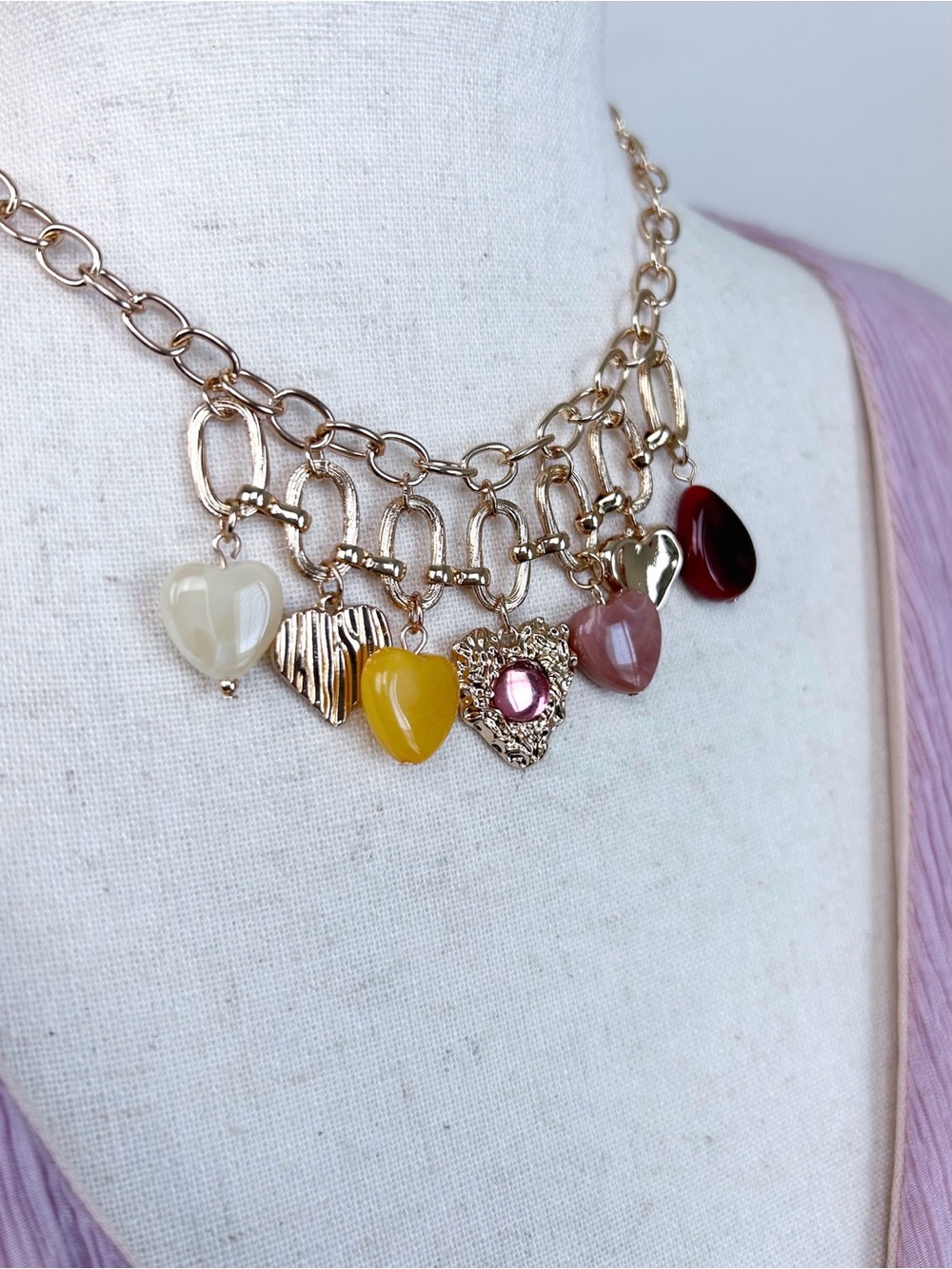 American Eagle Charm Pink Heart Stone Gold Toned Chain Link Necklace NWT